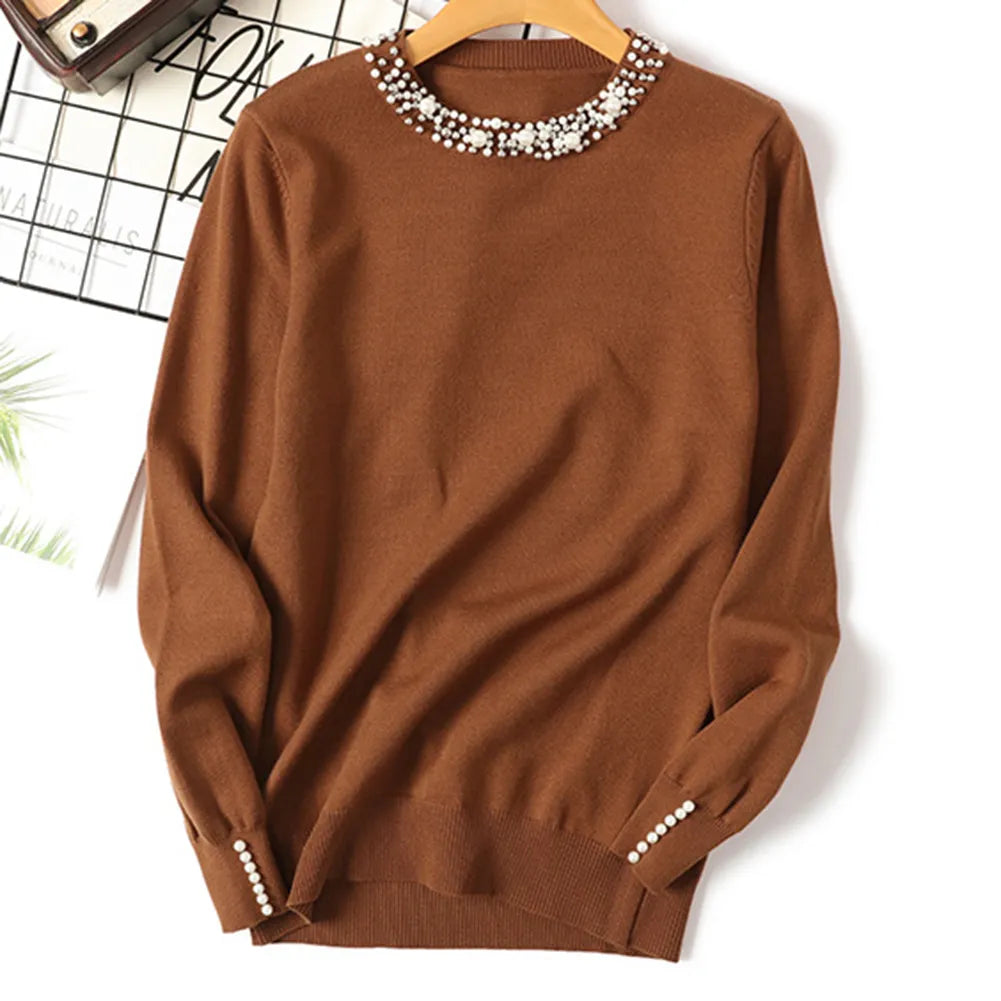 2020 Fashion Solid Color Beading Round Neck Sweater Pullover Women Loose Knitted Top Women's Clothing свитер женский pull femme