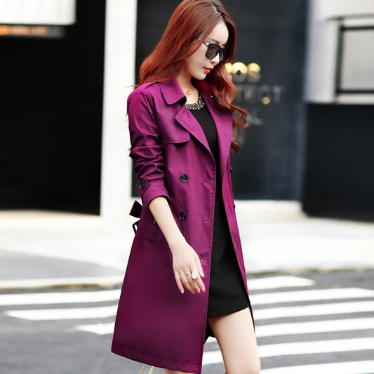Spring Trench Coat for Women 2022 Turn-down Collar Slim Fit Double Breasted Female Long Black Overcoat Autumn Women's Clothing