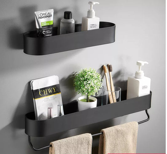 Black Bathroom Shelf No Drill 30/40/50 cm Wall Shelves Shower Basket Storage Rack Towel Bar Bathroom Accessories