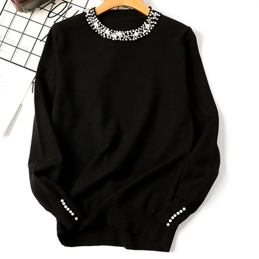 2020 Fashion Solid Color Beading Round Neck Sweater Pullover Women Loose Knitted Top Women's Clothing свитер женский pull femme