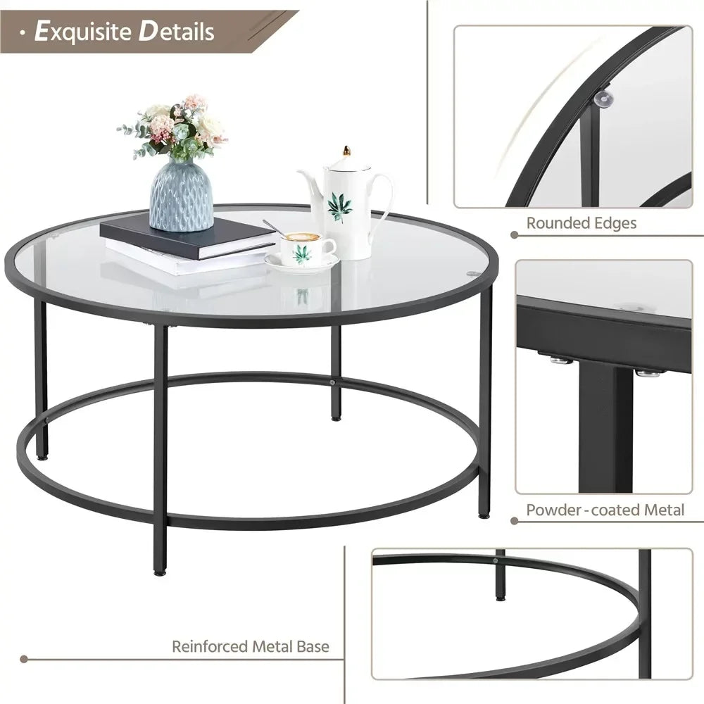 Round Modern Glass-Top Coffee Table, Black Sofa table The living room table