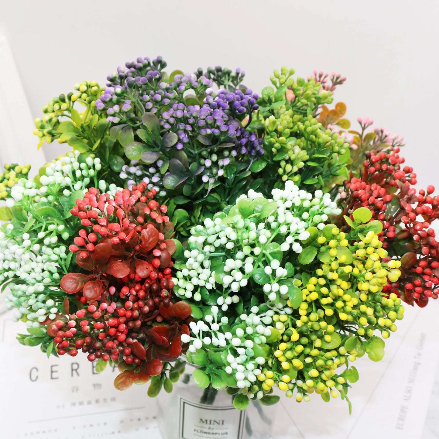 7 Branches green artificial berry flowers bouquet artificial fruit plants mini leaf outdoor living room wedding decoration