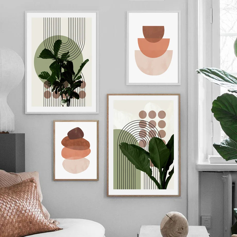 Canvas Painting Poster and Print Picture Living Room Decor Modern Abstract Green Plant Leaves Vase Sun Line Wall Boho Art