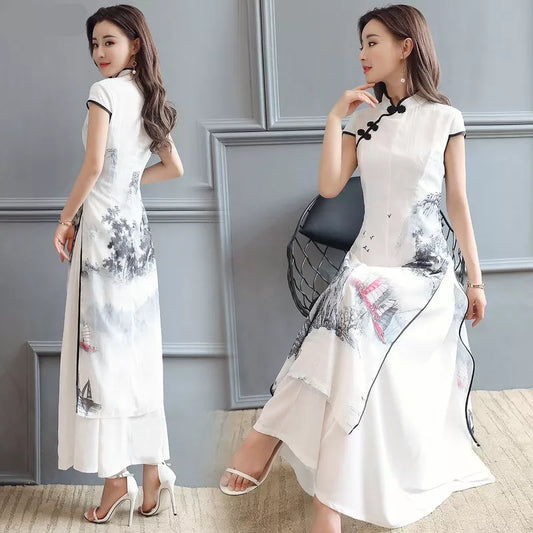 Summer Elegant Slim Women's Clothing Landscape Painting Cheongsam White Dress Qipao Chiffon Robe Vintage Chinese Style Dresses
