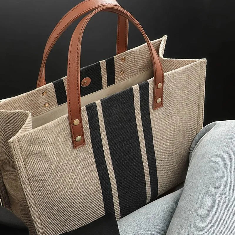 Women's Tote Stripe Bag Handheld Summer High Capacity Canvas Luggage Outer Crossbody Messager Bag Business Casual Handbag