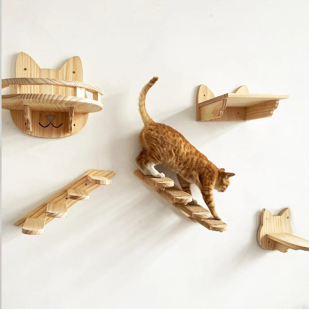 Wall Mounted Cat Climbing Shelves Wooden Furniture Scratcher Jumping Platform Rope Ladder Cat Sleeping and Playing