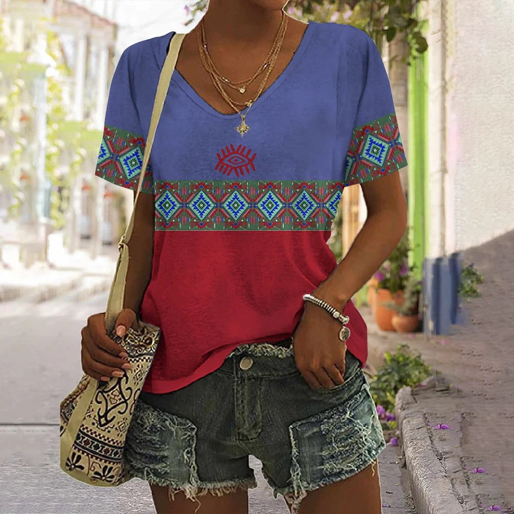 2023 Vintage Shirt For Women Totem Printed Ethnic Style Women's Clothing Summer Casual Short Sleeved Tops Tees Oversized T-Shirt