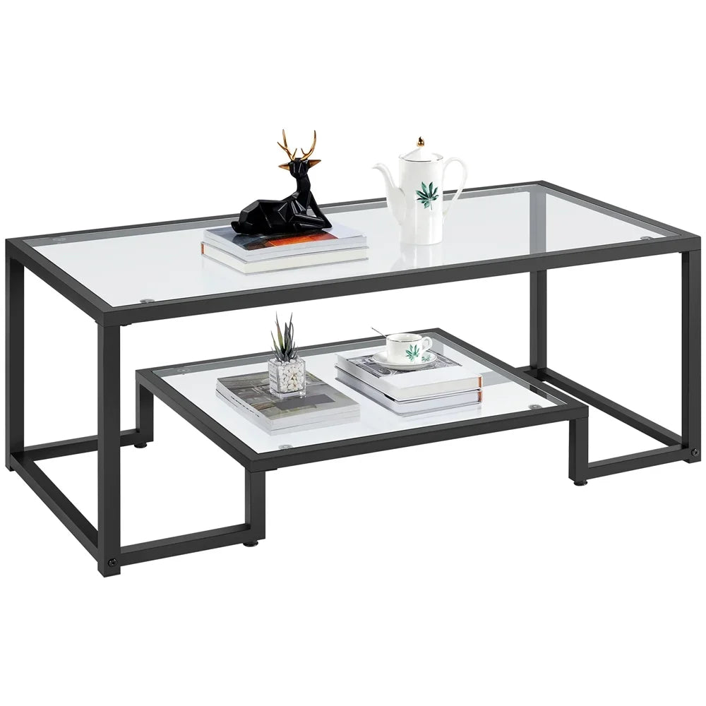 Modern Glass Coffee Table with Metal Frame, Black End Tables for Living Room