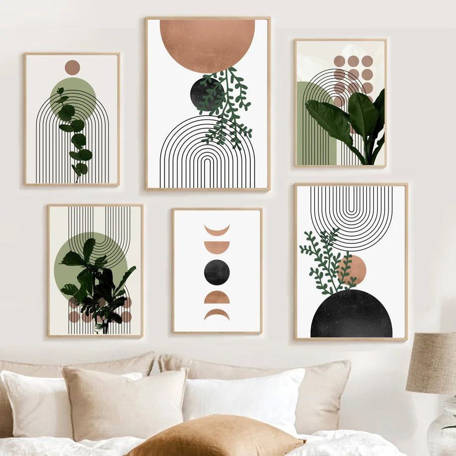Canvas Painting Poster and Print Picture Living Room Decor Modern Abstract Green Plant Leaves Vase Sun Line Wall Boho Art