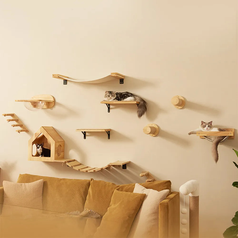 Wall Mounted Cat Shelves Scratching Post Wooden Cat Tree Perches for Wall Cat Steps Ladder Hammock Cat Climbing Wall Furniture