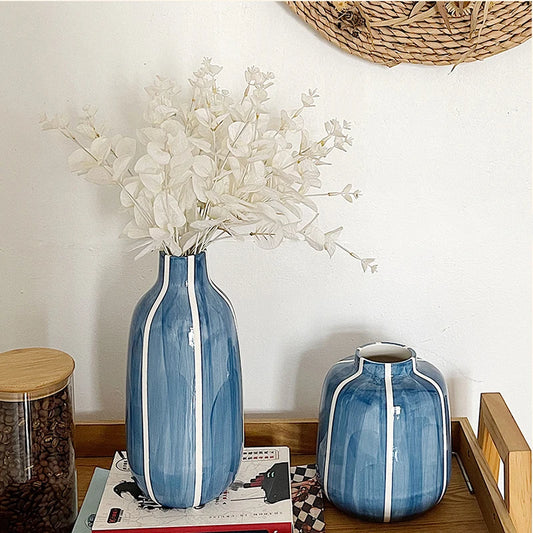1pc Indigo Blue Ceramic Vase Simple Lines Flower Vases Decorative Floral Vase Centerpiece Accessories for Home Table Decoration