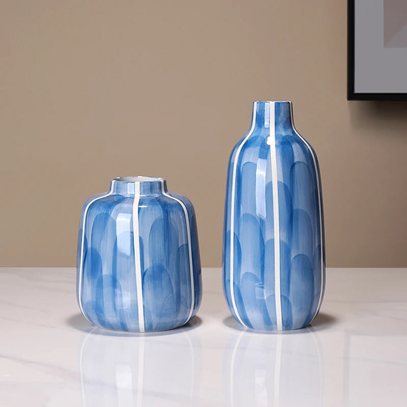 1pc Indigo Blue Ceramic Vase Simple Lines Flower Vases Decorative Floral Vase Centerpiece Accessories for Home Table Decoration