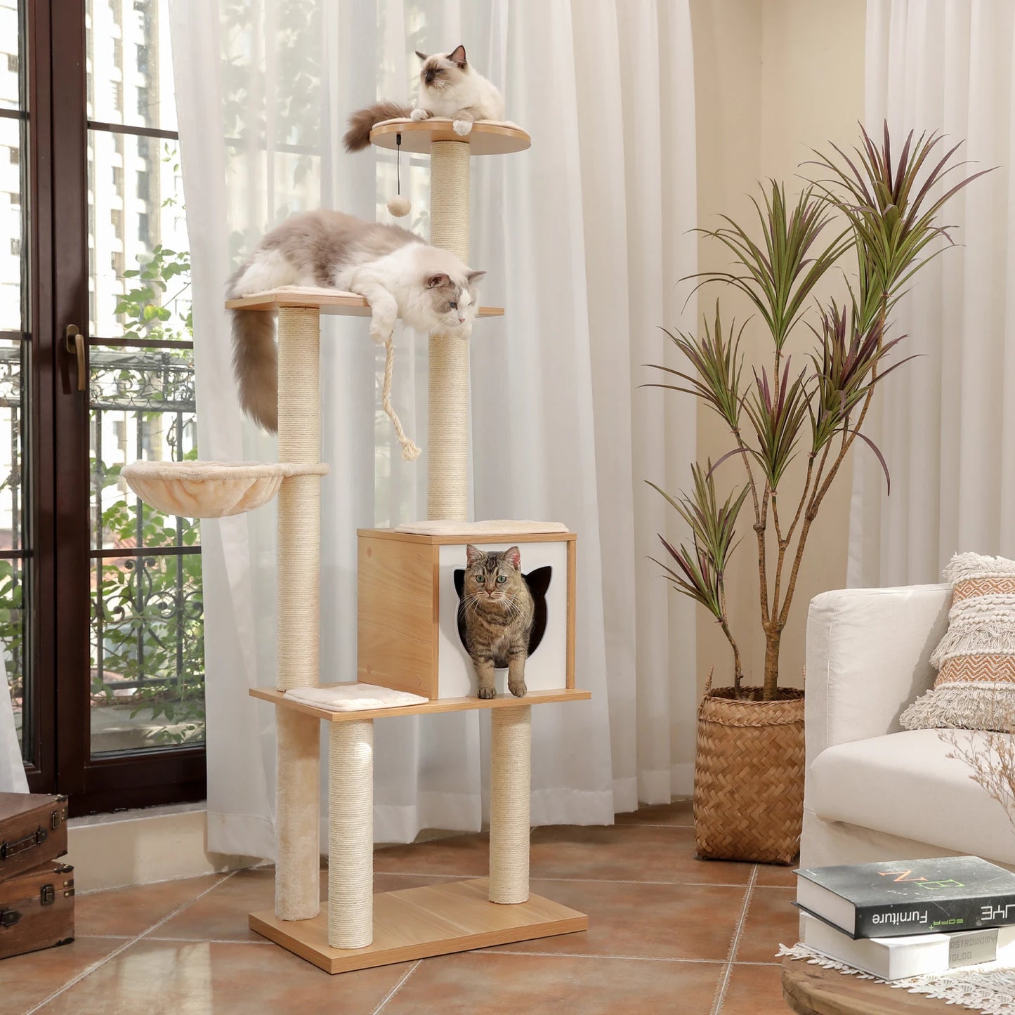 Multi-Level Wood Cat Tree with Scratching Post Hammock Summer Cat Tower Cat Condo Kitten Bed Furniture Cat Toys Pet Items
