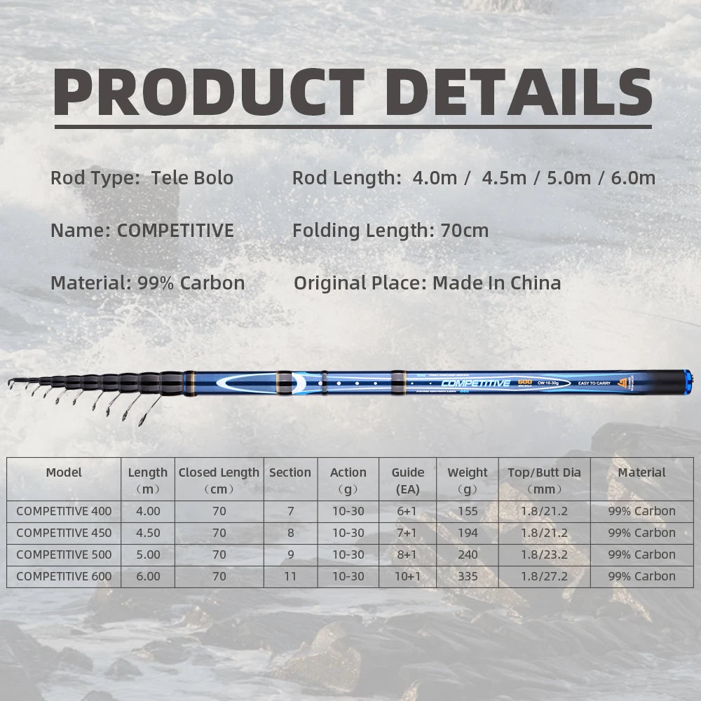 BUDEFO COMPETITIVE Telescopic Fishing Rod 4/4.5/5/6M  Carbon Travel Travel Ultra Light Spinning Float Bolognese Trout Pole 10-30