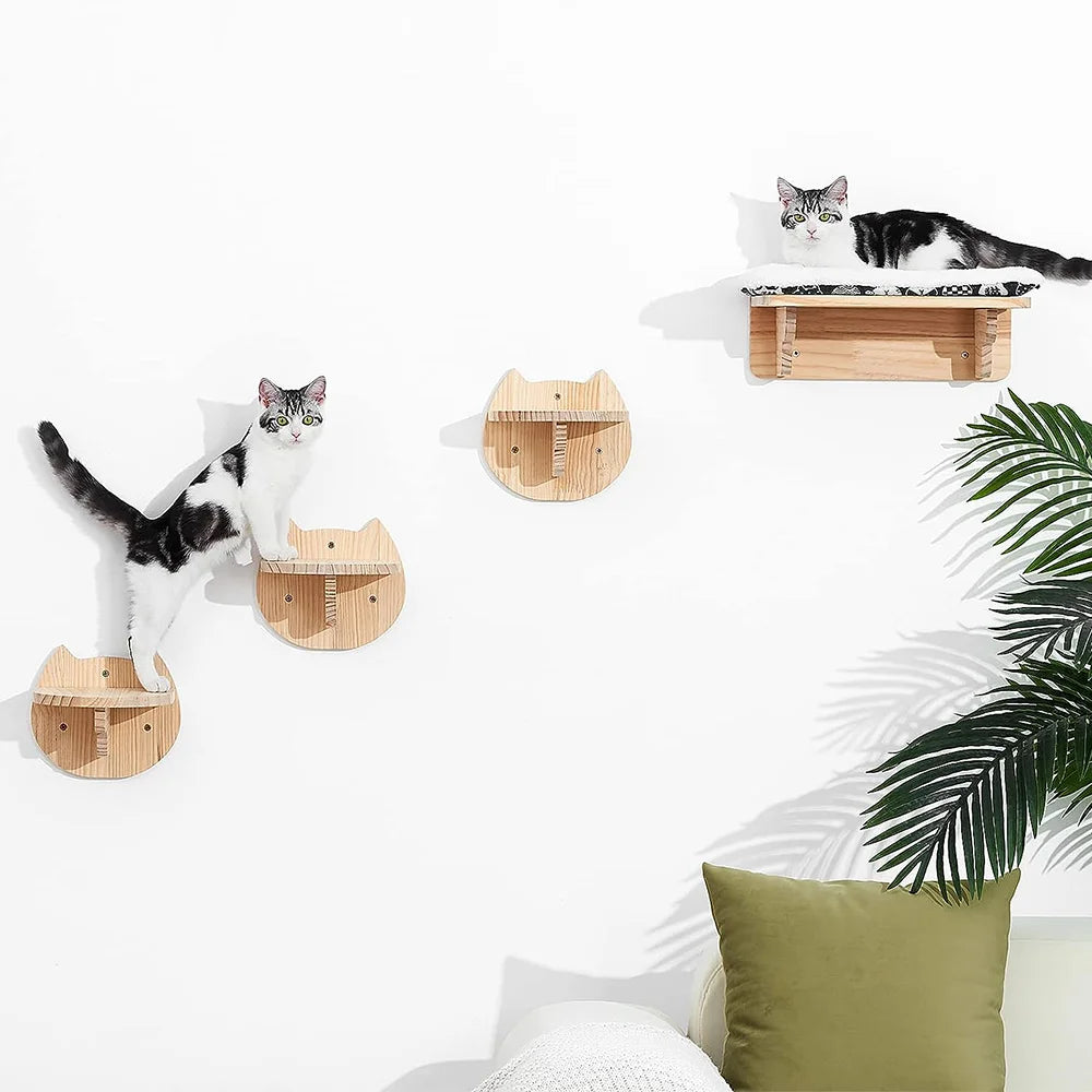 Cat Climbing Wall Mounted Hammock Scratching Post for Cat Wooden Furniture Ladder Steps Cats Sleeping and Playing