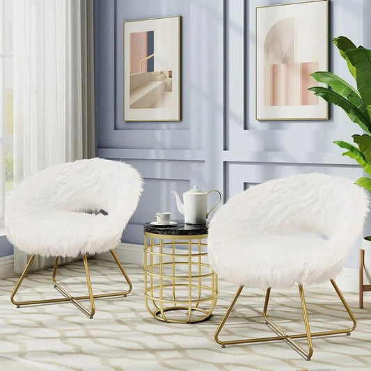 Alunaune Swivel White Faux Fur Accent Chair Set of 2 Living Room Chairs Vanity Chair for Makeup Room, Modern Upholstered Comfy