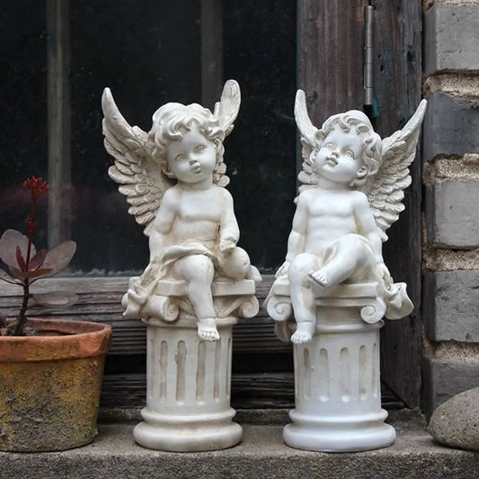 2 Pcs Cherub Angels Roman Pillar Garden Statue Greek Column Angel Figurine Sculpture Outdoor Home Decoration Antique Resin