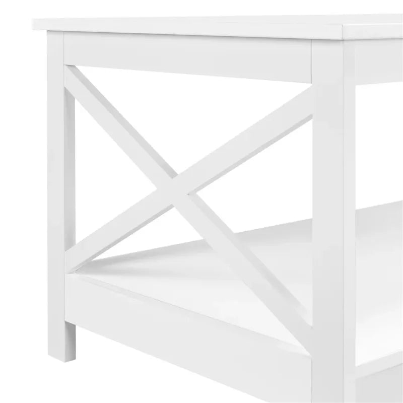Modern Wood X-Design Rectangle Coffee Table with Storage Shelf, White
