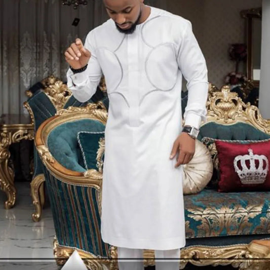 Brand New 2 Piece Long Sleeve T-shirt Pant Sets Embroidered Kaftan Luxury Men Suits Ethnic Element Dashiki Men Wedding Dress