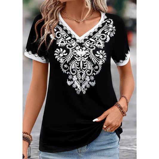 2023 Vintage Shirt For Women Totem Printed Ethnic Style Women's Clothing Summer Casual Short Sleeved Tops Tees Oversized T-Shirt