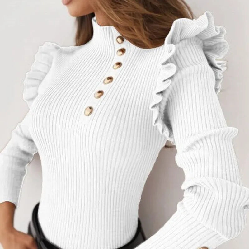 Autumn Winter Women Long Sleeve Rib Blouse Turtleneck Buttons Ruffle Sweater Women's Clothing свитера женские 2022 Pull Femme