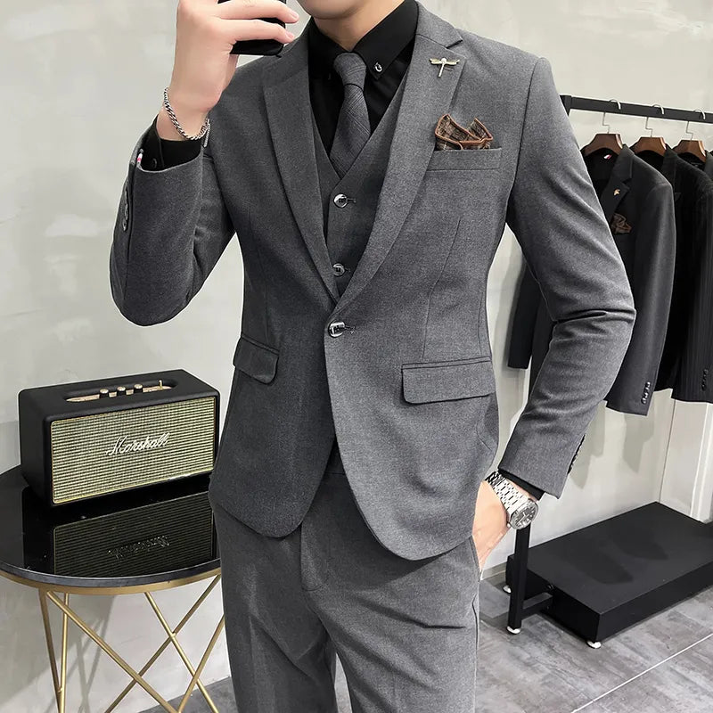 ( Jacket + Vest + Pants ) High-end Brand Boutique Fashion Solid Color Mens Casual Business Suit 3Piece Set Groom Wedding Dress