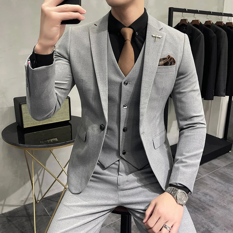 ( Jacket + Vest + Pants ) High-end Brand Boutique Fashion Solid Color Mens Casual Business Suit 3Piece Set Groom Wedding Dress