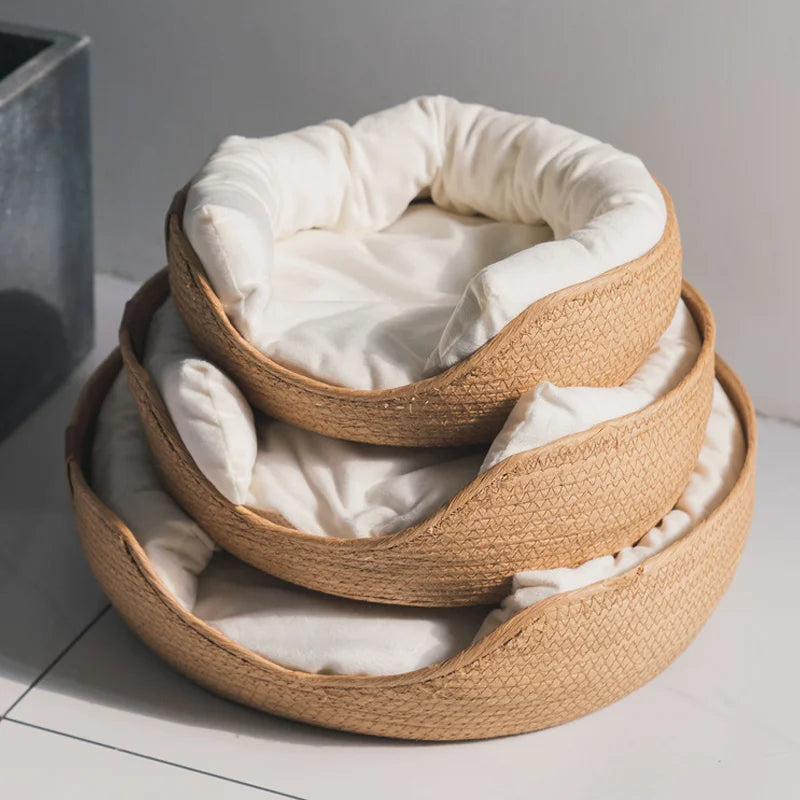 YOKEE Pet Cat Mat Dog Bed Sofa Handmade Bamboo Weaving Four Season Cozy Nest Baskets Waterproof Removable Cushion Sleeping House