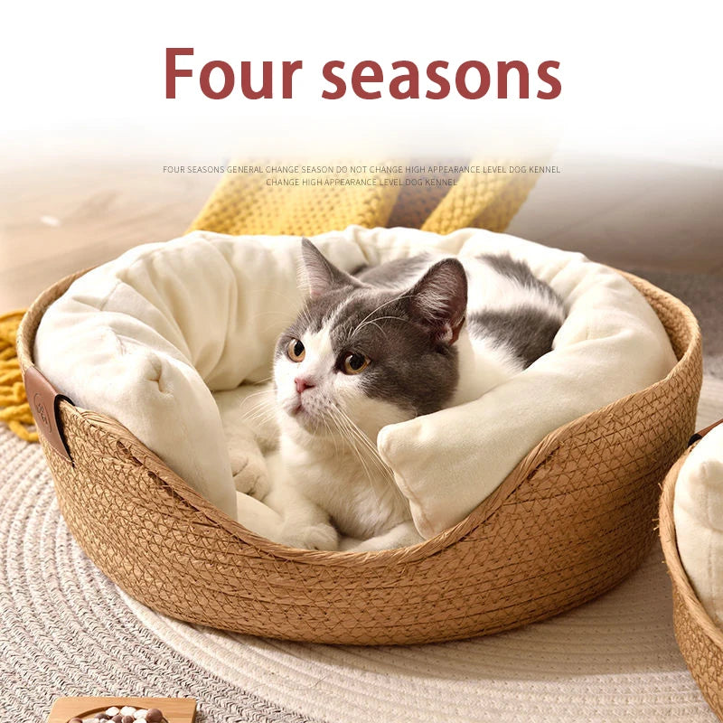 YOKEE Pet Cat Mat Dog Bed Sofa Handmade Bamboo Weaving Four Season Cozy Nest Baskets Waterproof Removable Cushion Sleeping House