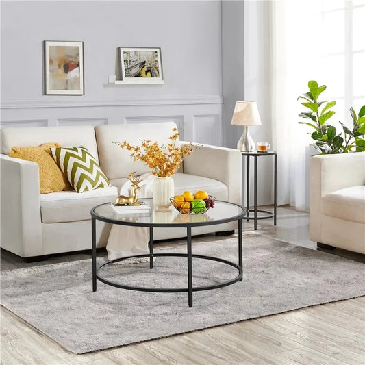 Round Modern Glass-Top Coffee Table, Black Sofa table The living room table