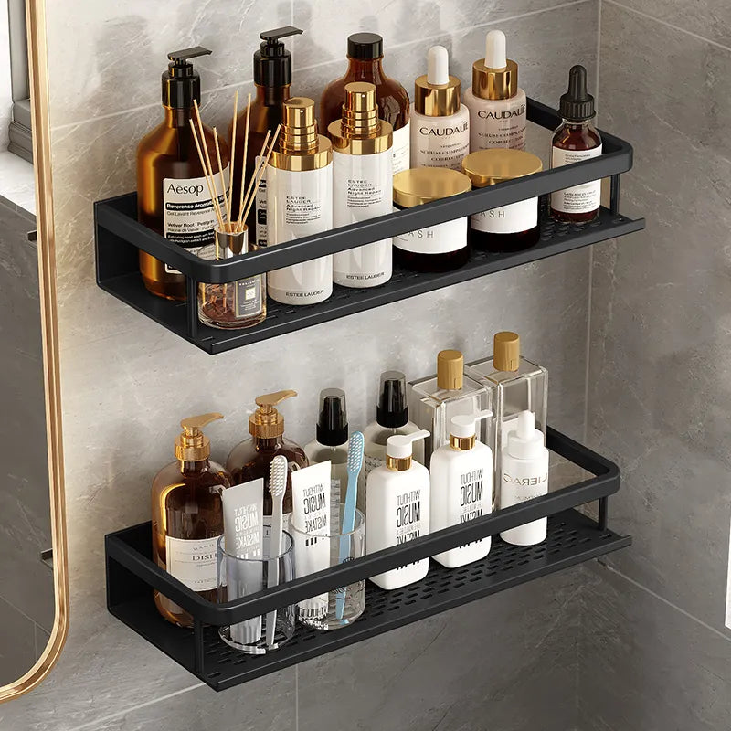 Black Space Aluminum shelf for shower no drill Toilet Rack Wall-mounted Bathroom Shelves Basket Set For Kitchen Accessories