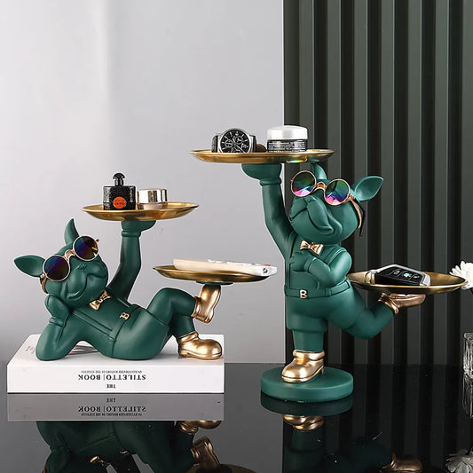Lying Black French Bulldog Butler with Double Gold Metal Tray Dog Statues and Sculptures Room Decor Home Butler Statue Ornament