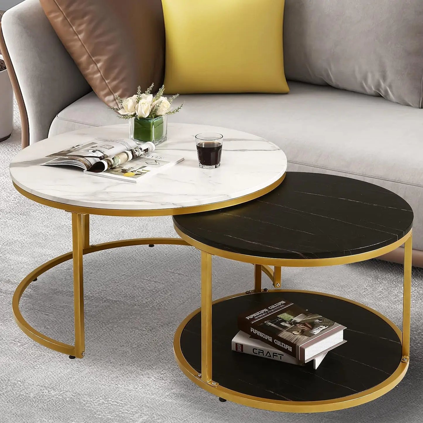 NSdirect Nesting Coffee Table Set of 2,Round Coffee Tables Modern Circle Table for Living Room Accent End Side Table