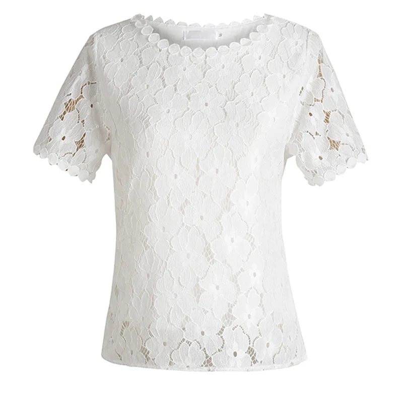 New Fashion Summer Short Sleeve Blouse Lace Women's Tops Sweet O-neck Women's Clothing Shirt White Women Shirt Blusas D710 30