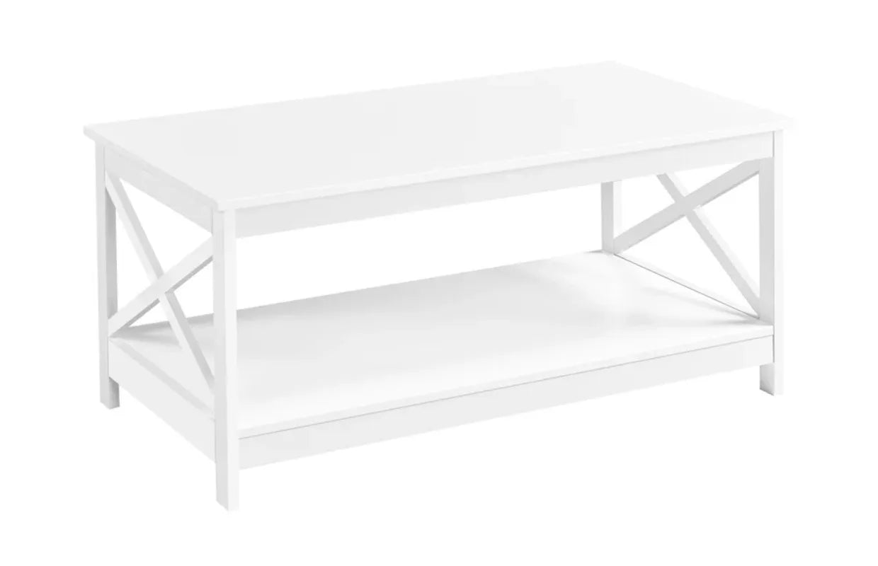 Modern Wood X-Design Rectangle Coffee Table with Storage Shelf, White