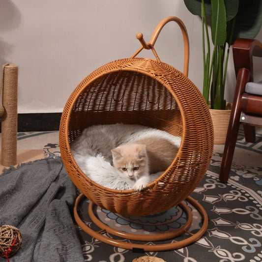 Hand-Woven Imitation Rattan Cat Bed, Comfy Cat Nest Basket, Hanging Basket Swinging Pet House, Cat Sleep Hammock with Plush Mat