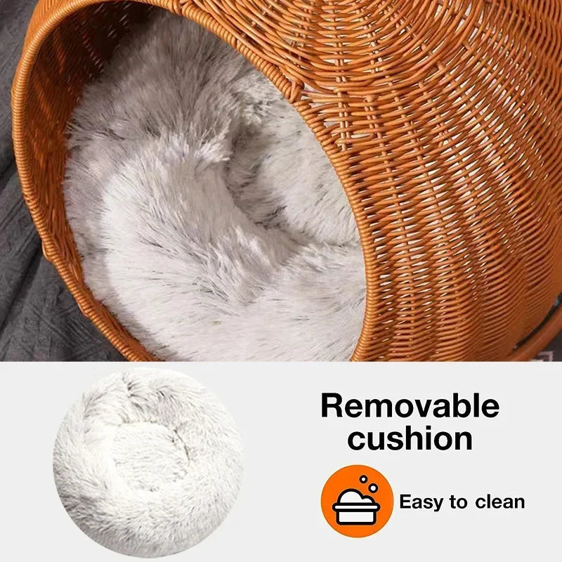 Hand-Woven Imitation Rattan Cat Bed, Comfy Cat Nest Basket, Hanging Basket Swinging Pet House, Cat Sleep Hammock with Plush Mat